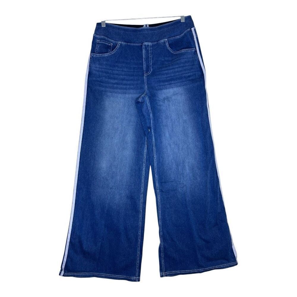 NEW Halara Flex Denim Wide Leg Jeans XL Regular Blue Pull On Stretch Denim Side‎